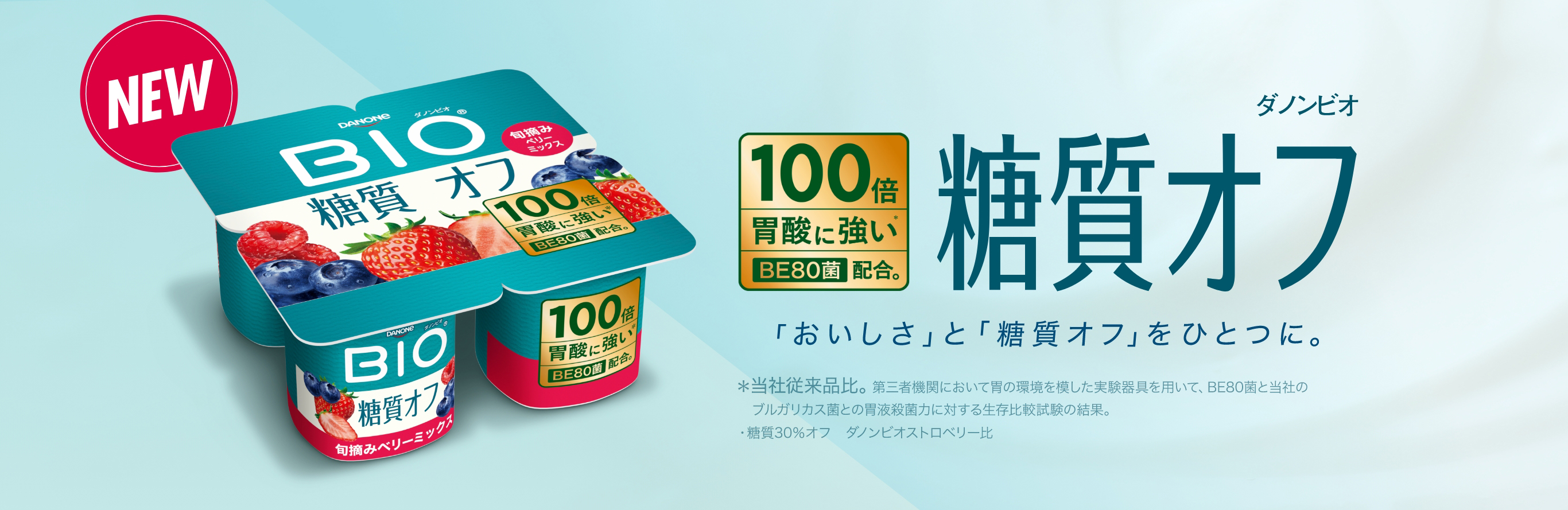 ダノン ビオ糖質オフ１００倍胃酸に強いBE80菌配合おいしさと糖質オフをひとつに。当社従来品比。第三者機関において胃の環境を模した実験器具を用いて、BE80菌と当社のブルガリカス菌との胃液殺菌力に対する生存比較試験の結果。糖質３０％オフダノン ビオストロベリー比